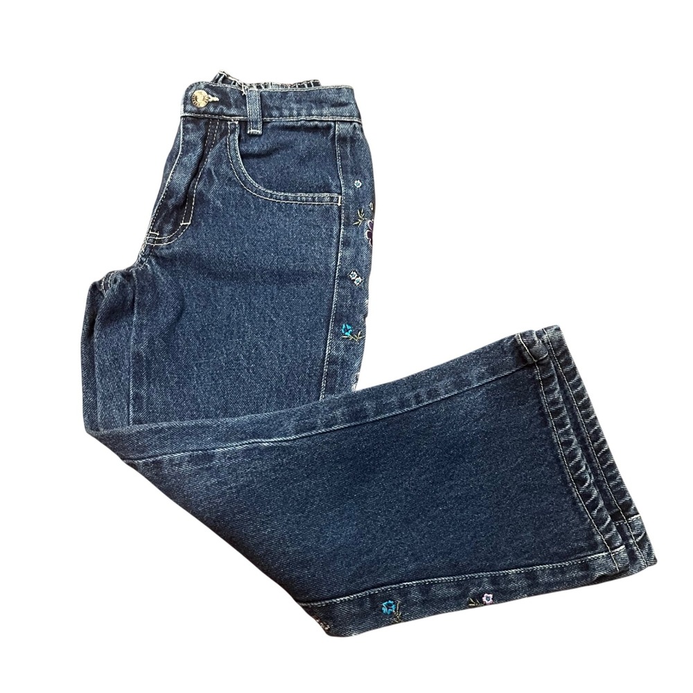 Gasoline Girls Dark Wash Floral Embroidered Flare Jeans Wide Leg Denim Size 6X